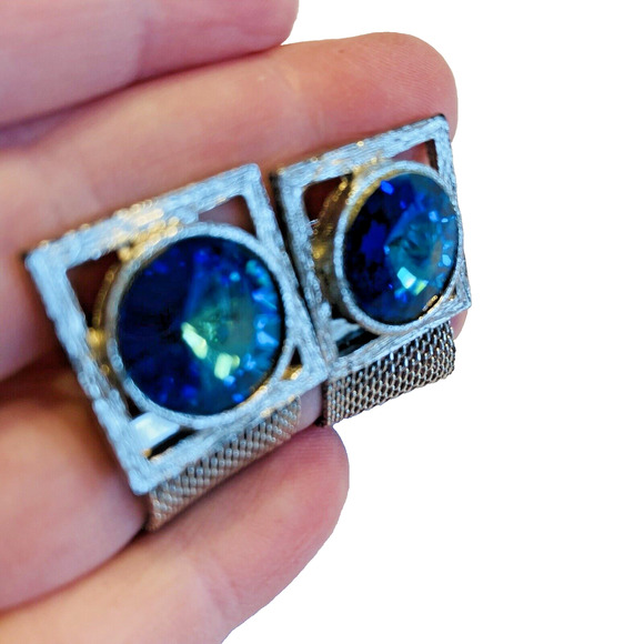 Vintage Blue Rivoli Wrap Cufflinks Large Stones Silvertone Mesh Mid Century Chic - Picture 2 of 8